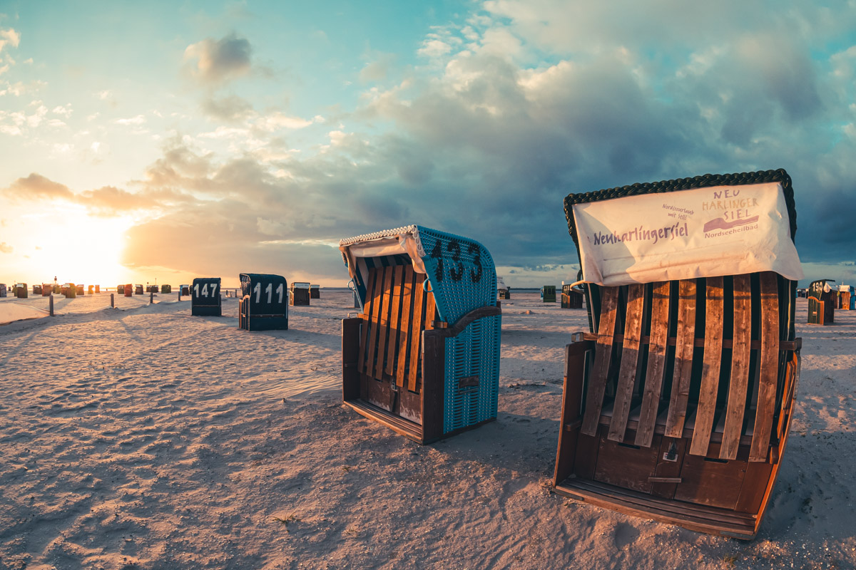 Strandkörbe im Abendlicht am Strand von Neuharlingersiel